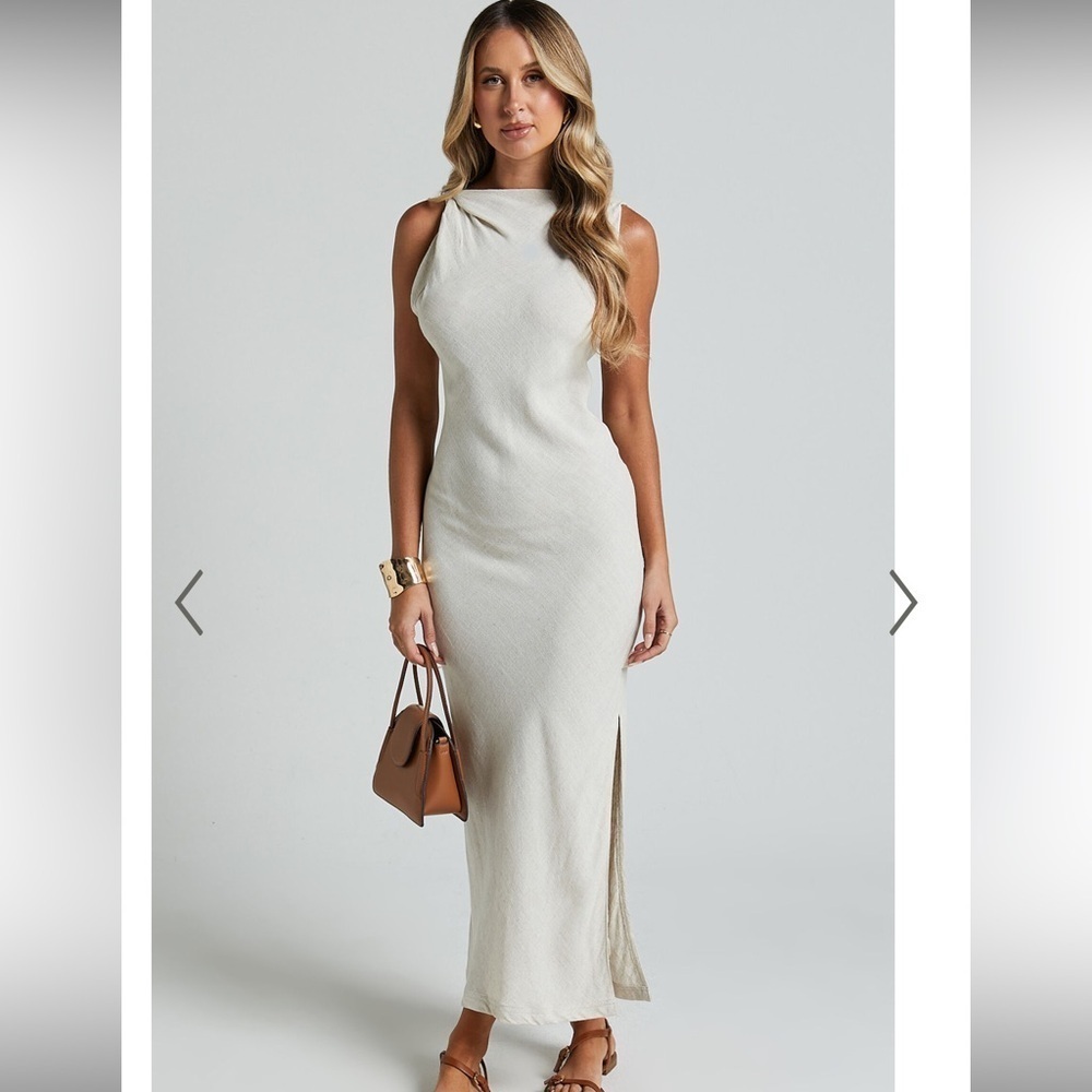 NWT JESSENIA MIDI DRESS - LINEN HIGH NECK DRESS IN NATURAL, size 2